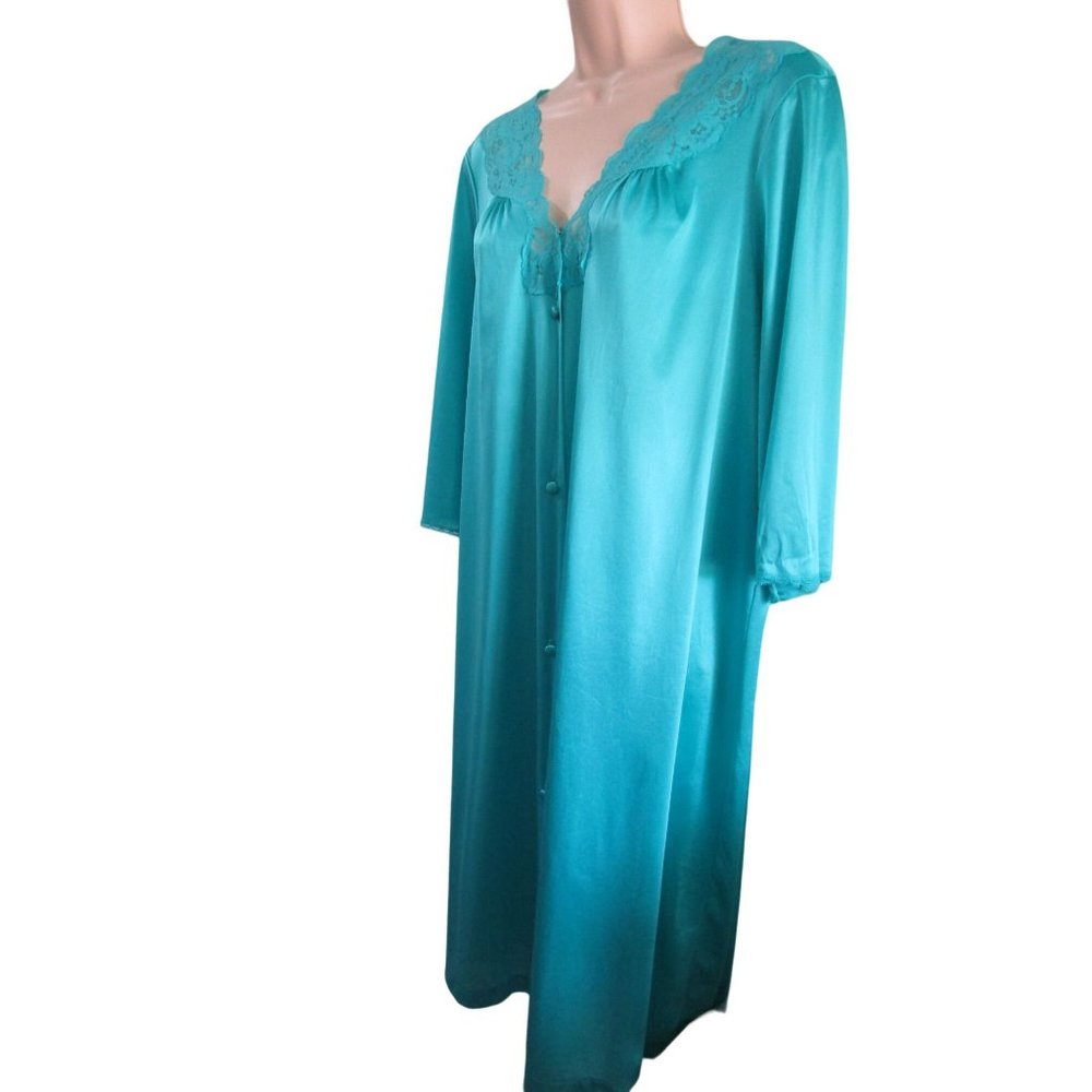 Vintage Vanity Fair Dressing Gown Lace Trim Turquoise Ladies Medium Euc
